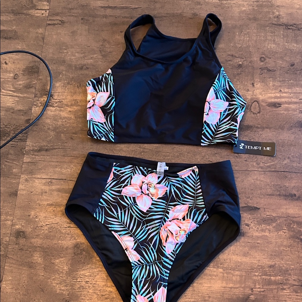 NWT Black & Tropical Floral High-Waist Bikini Set - Women Swim - Picture 5 of 5
